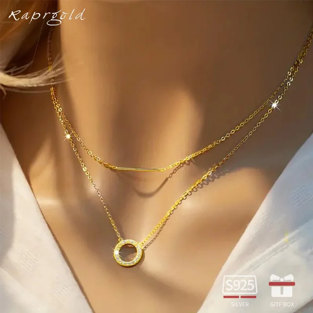 RAPRGOLD Moissanite Loop Wisiorek Naszyjnik dla kobiet 925 Sterling Silver Dwuwarstwowy łańcuszek obojczykowy Naszyjniki Drobna biżuteria Prezenty