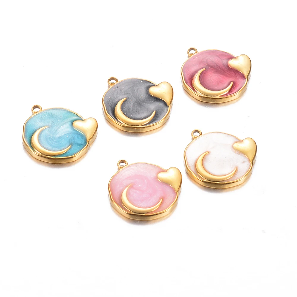 6pcs Enamel Round Charms Moon Heart Medal Stainless Steel Pendants for Women Necklace Accessories DIY Jewelry Making Supplies