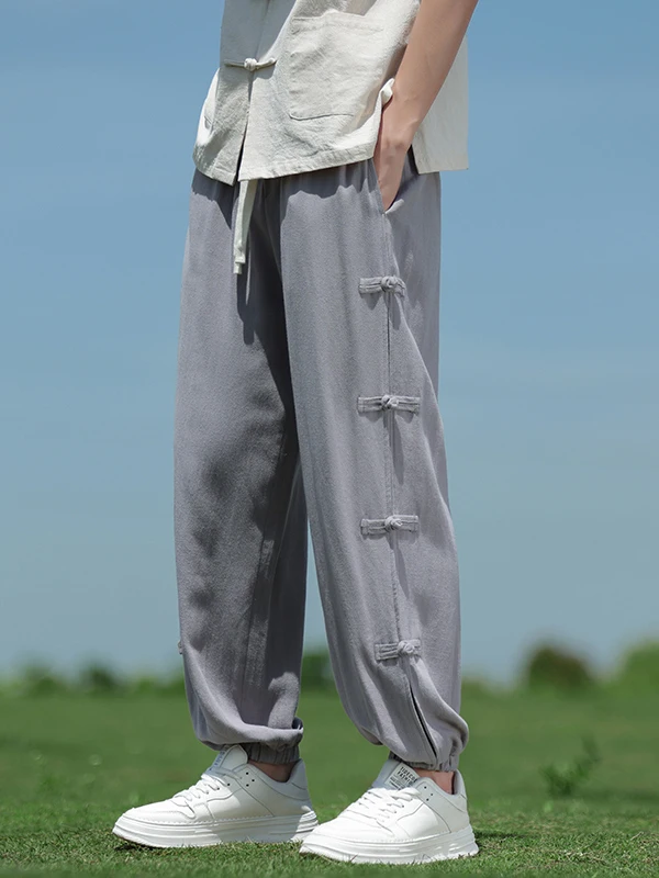 

Льняные повседневные брюки в стиле ретро. Мужские хлопковые льняные брюки. Новые китайские летние брюки большого размера с манжетами на пуговицах. Свободный крой.
