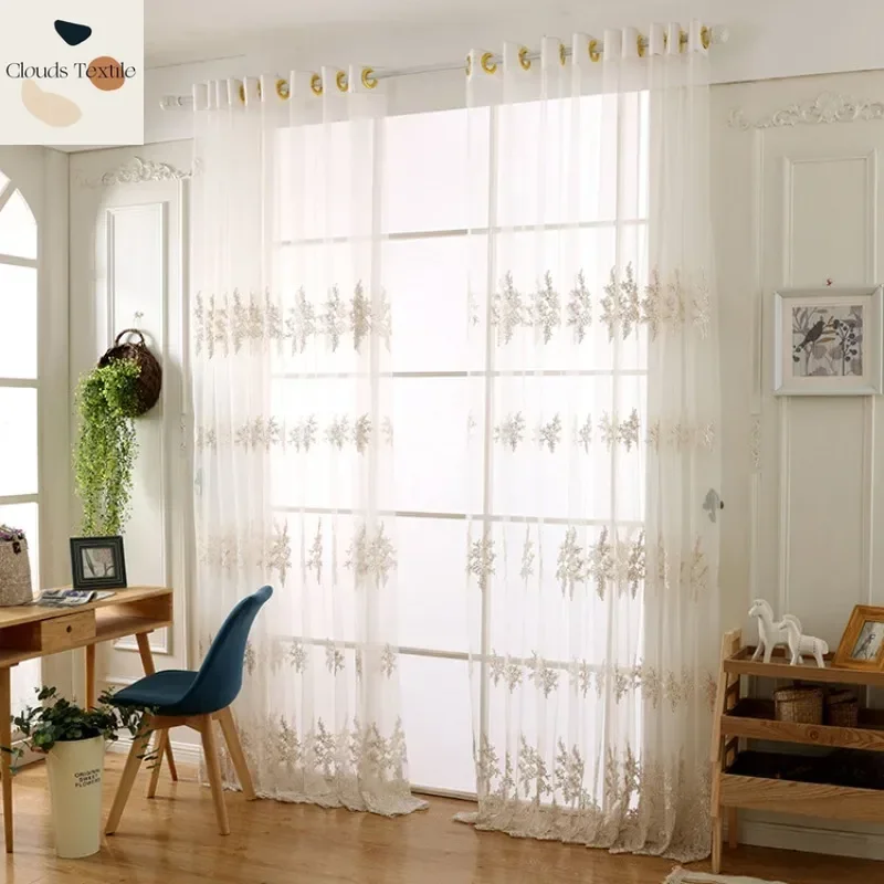 

Custom Size Curtain Fabric Translucent Curtains for Living Dining Room Bedroom White Veil Embroidered Thickened Window Valance