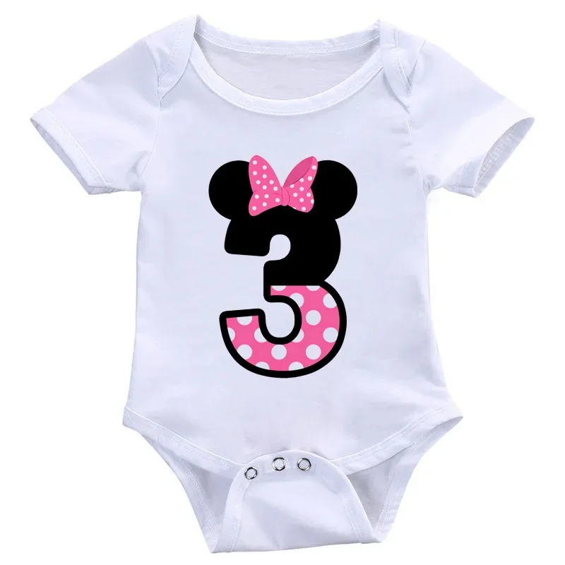 Letter Bow Cute Mickey Minnie Number 1-9 Print Baby Boy Girl Clothes Children Funny Rompers Infant Jumpsuit Ropa Bebe Playsuit