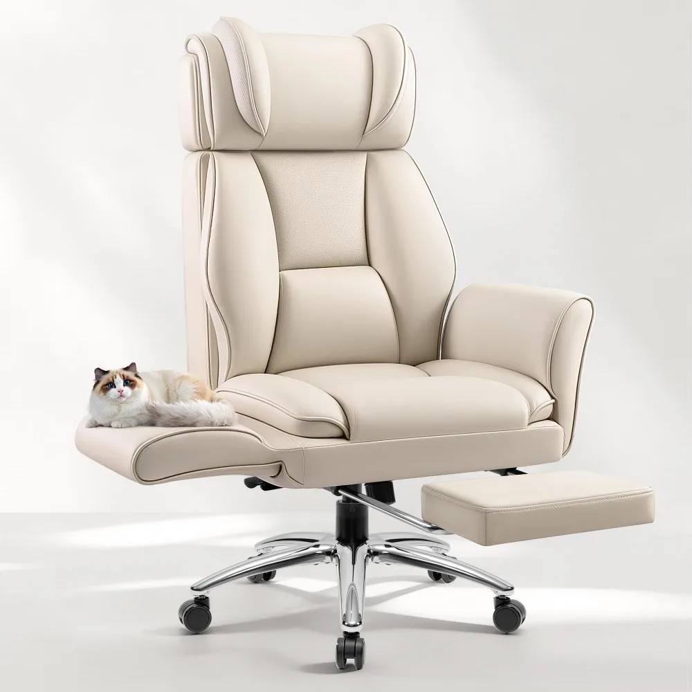 Big and Tall Office Chair, Flip Armrests for Pets & Cross Legged Sitting, Ergonomic Leather Executive Desk Chair with
