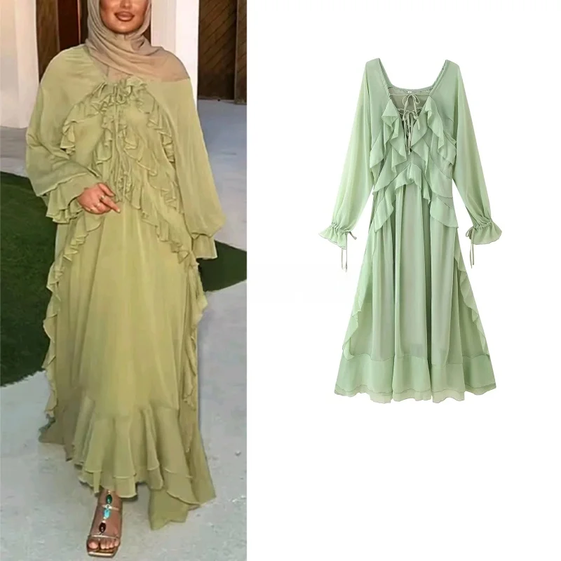 Verão novo vestido f estilo coreano suave em camadas decoração renda decote em v manga crida cinto vestido drapeado...