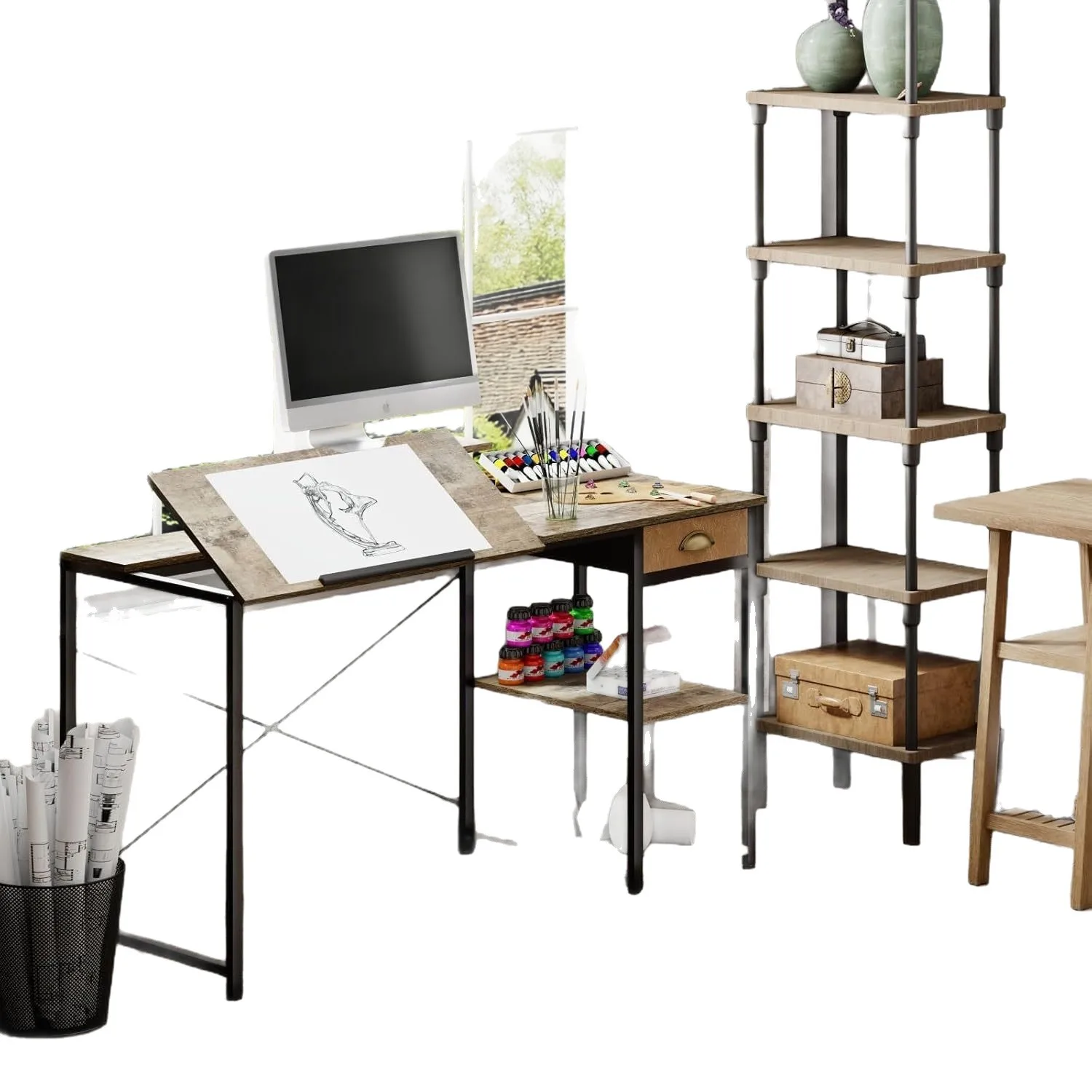 

Desk, Drawing Table with Storage Shelves, Drawers, Adjustable, Art