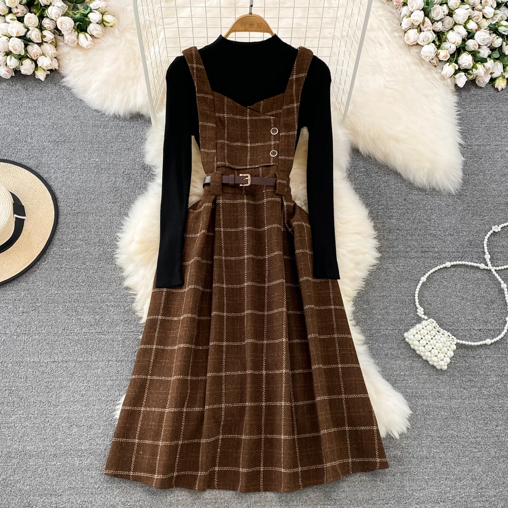 Vintage Korean Two Piece Set Dress Women Autumn Winter Plaid Woolen Spaghetti Strap Dress With Belt Long Sundress Vestidos