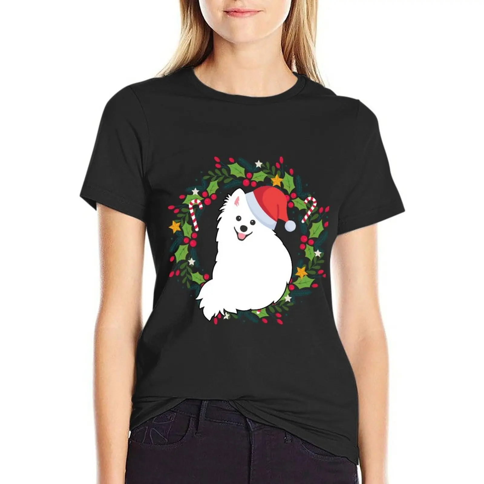 Japanese Spitz Dog Santa in Christmas Wreath - Black T-Shirt heavyweights shirts graphic tees anime clothes t shirt for Women