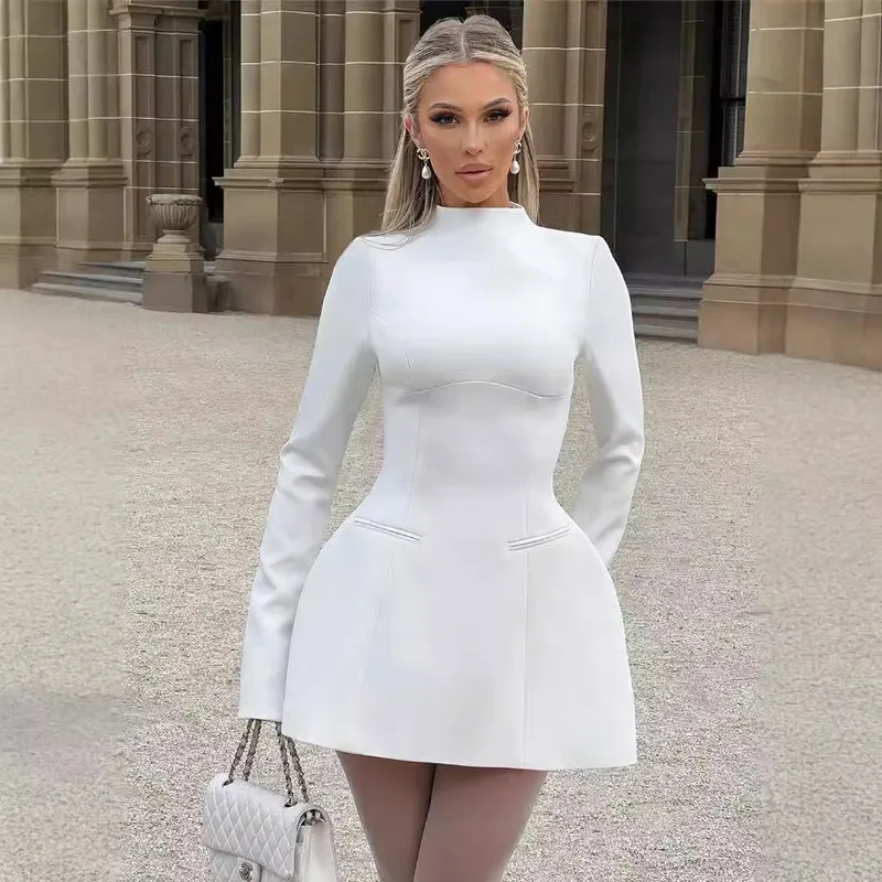 

Elegant Pure Color Sexy Women Dress Pure Desire High-End Fall New Fashion Waist-Cutting Popular Lady Style Short Skirt