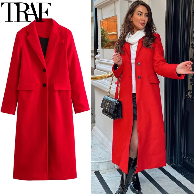 TRAF Winter Coats Woman 2024 Red Long Coats For Women Autumn Faux Wool Coat Casual Long Sleeve Coat Elegant Women's Overcoat