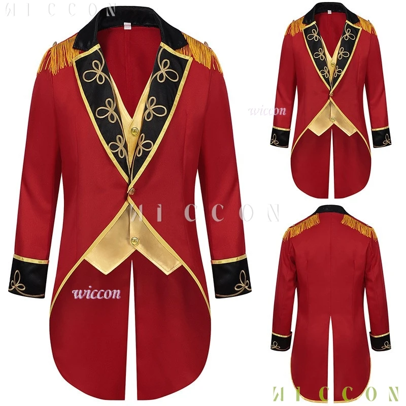 2025 서커스 Ringmaster Mens 코스프레 유니폼 중세 빈티지 코트 스탠드 칼라 Jackt Princess Stage Show Performance Costum