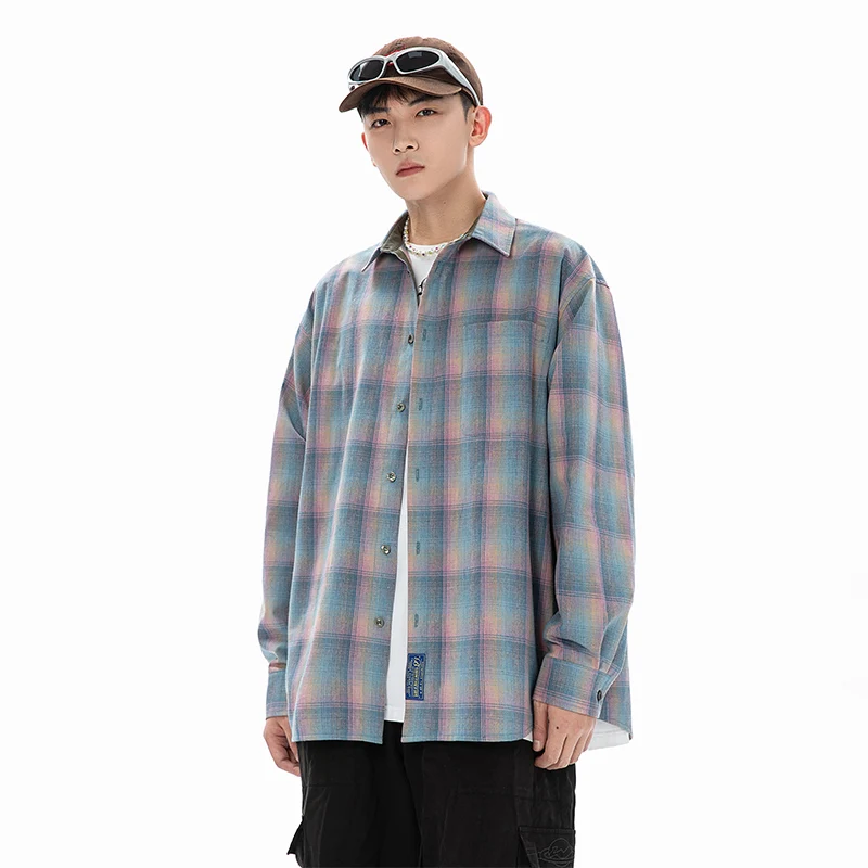 Oversized Long Sleeved Shirt Men Fashion Casual Shirt Men Streetwear Korean Loose Colorful Plaid Shirt Mens Vintage Shirts M-2XL