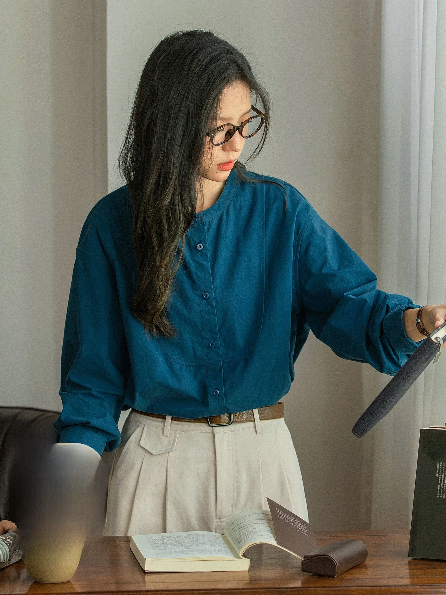 

Оригинальный женский повседневный топ из чистого хлопка Lake Blue irt Loose Long Sve round Ne для осеннего сезона, удобный дышащий