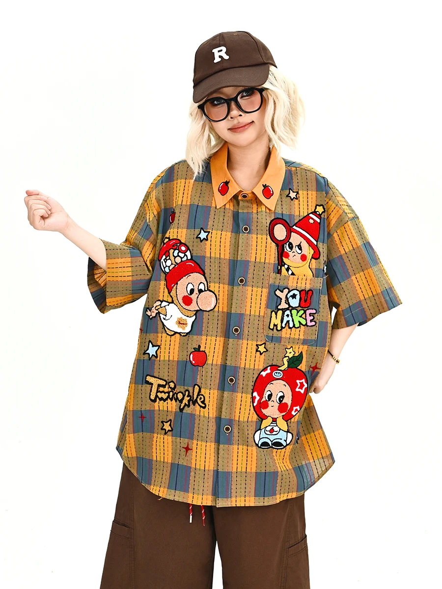 

Lazy Cartoon Plaid ort Sve Loose Women's irt Summer 2026 New Sle Casual Vintage Fun BF Sle Streetwear Trendy Top