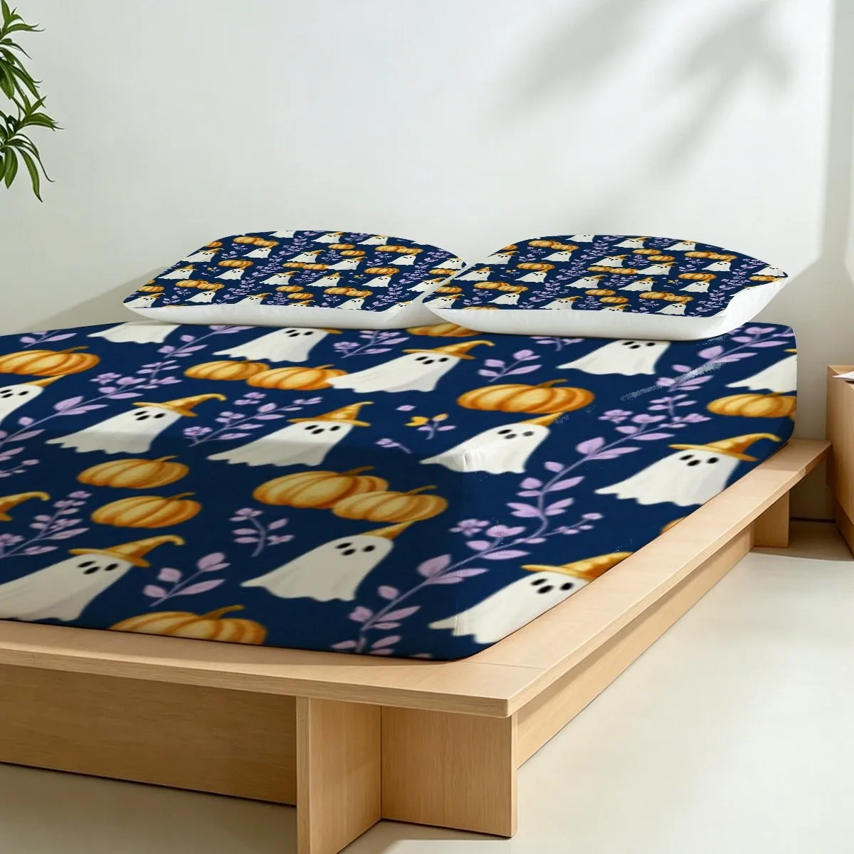 Halloween 2D Digital Print Three-Piece Bedding Set: Includes 1 Fitted Sheet + 2 Pillowcases, Dark Blue Background with Horror Motifs (White Ghost, Orange Pumpkin, and Purple Vine), No Filling