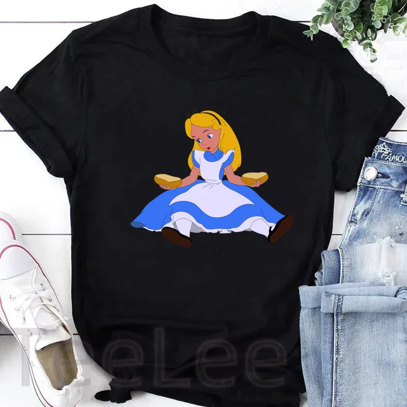 Alice In Wonderland T-shirt Printed Harajuku Black Tshirts O-neck Summer Short Sleeve Tops Woman Cartoon Graphic Tshirts