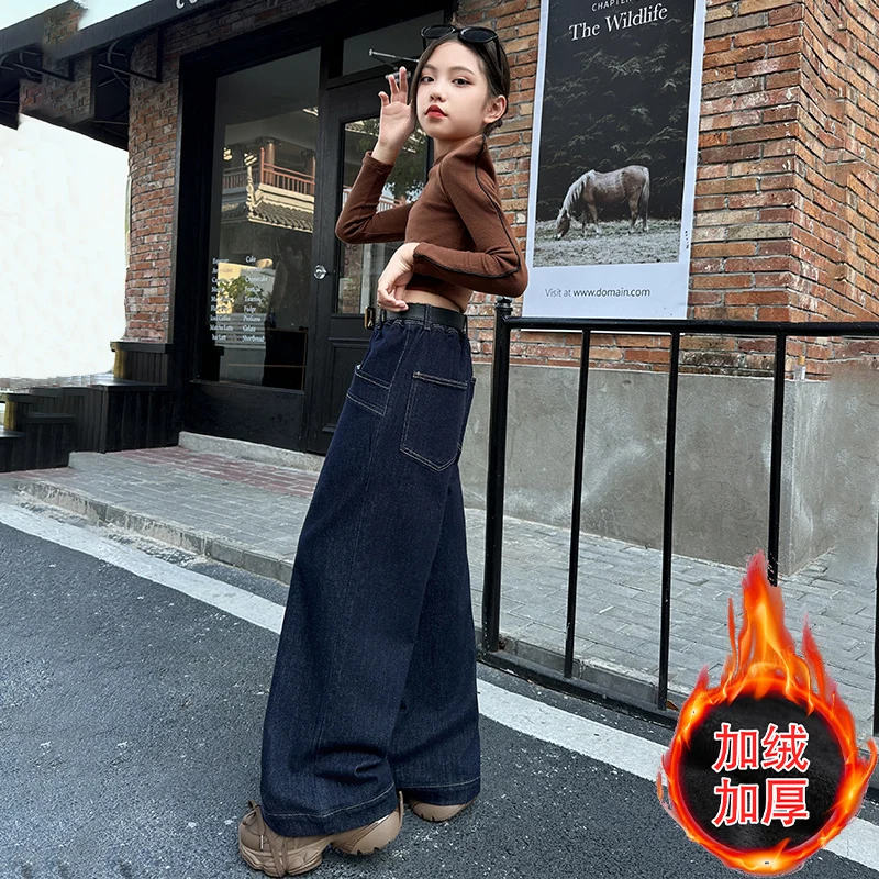 autumn Winter teenage girls fleece jeans junior kids Elastic high waisted wide leg pants children trousers clothes 6 8 10 12 14