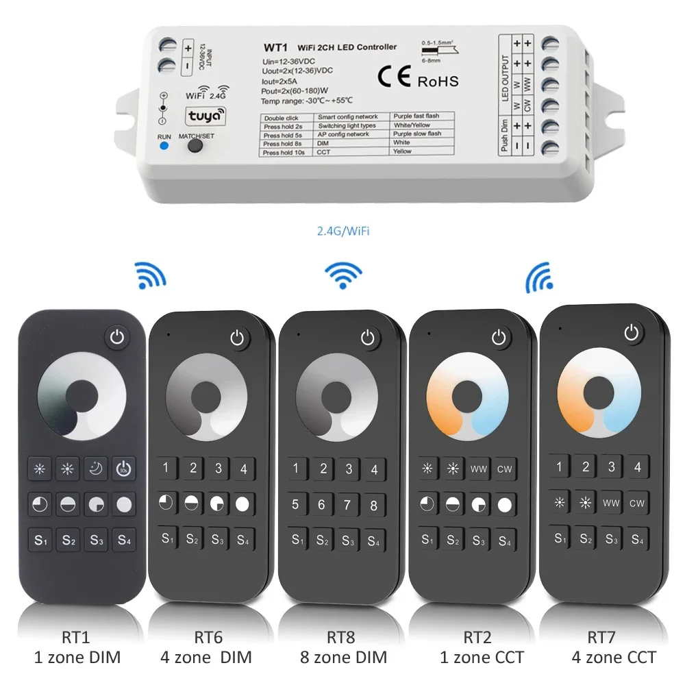 Tuya WT1 LED Dimmer DC 12V 24V 36V WiFi 2CH LED Controller 2 in 1 per WW/CW/CCT Led Strip Smart Life 2.4G RF Wireless Remote