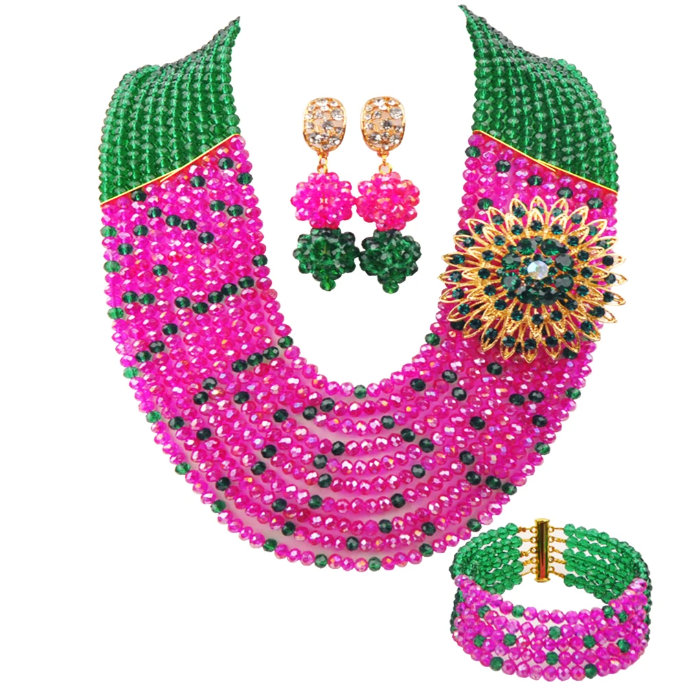 New Army Green and Hot Pink Crystal Necklace African Women's Wedding Beads Nigerian Bridal Wedding Jewelry Set YY-72