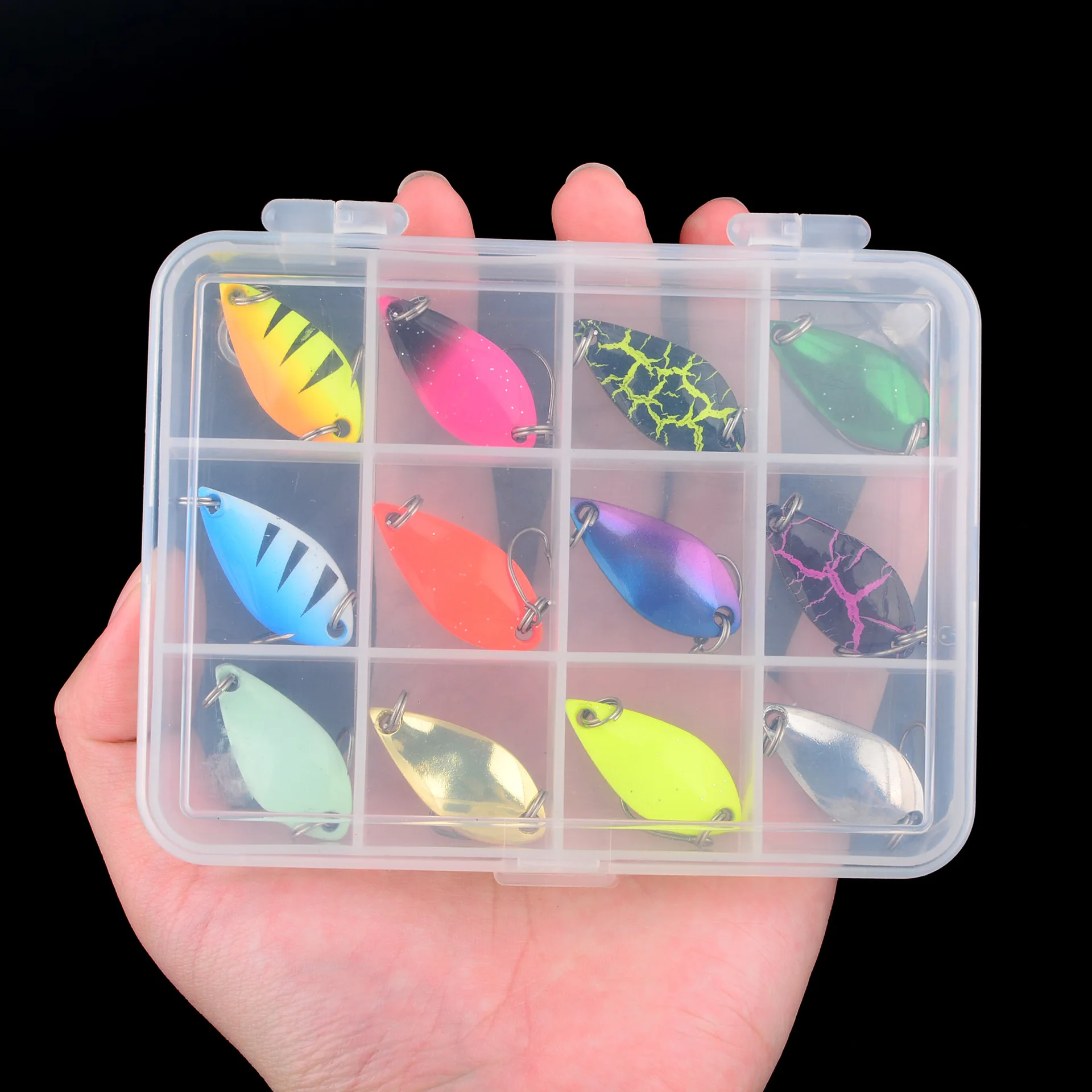 12-teiliges kleines Löffelköder-Set, 2,8 cm, für Panfish, 2,5 g, 3,5 g, 5 g, ultraleichtes Angelköder-Set, Metallklingenköder zum Gießen von Forellenbarsch