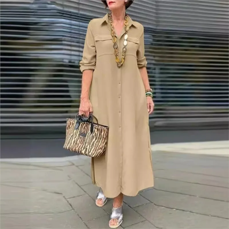 Elegant Women's Khaki Lapel Single Breasted Casual Maxi Dress Spring And Autumn Fashion Long Sleeved Button Pocket Shirt Dresses