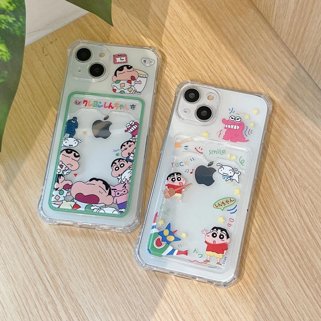 Bonita funda de teléfono Crayon Shin-chan Shinchan para iPhone 11 12 13 14 15 16 Pro Max Plus Nohara Shinnosuke pijama funda con bolsillo para tarjetas