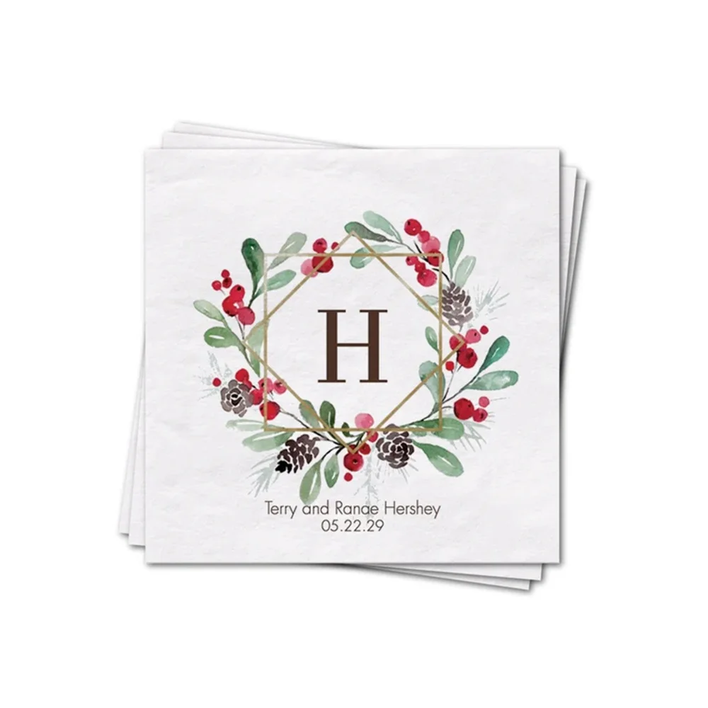 Holiday Party Cocktail Napkins, Christmas Party Cocktail Napkins Personalized, Monogram Paper Napkins, Watercolor Greenery 3