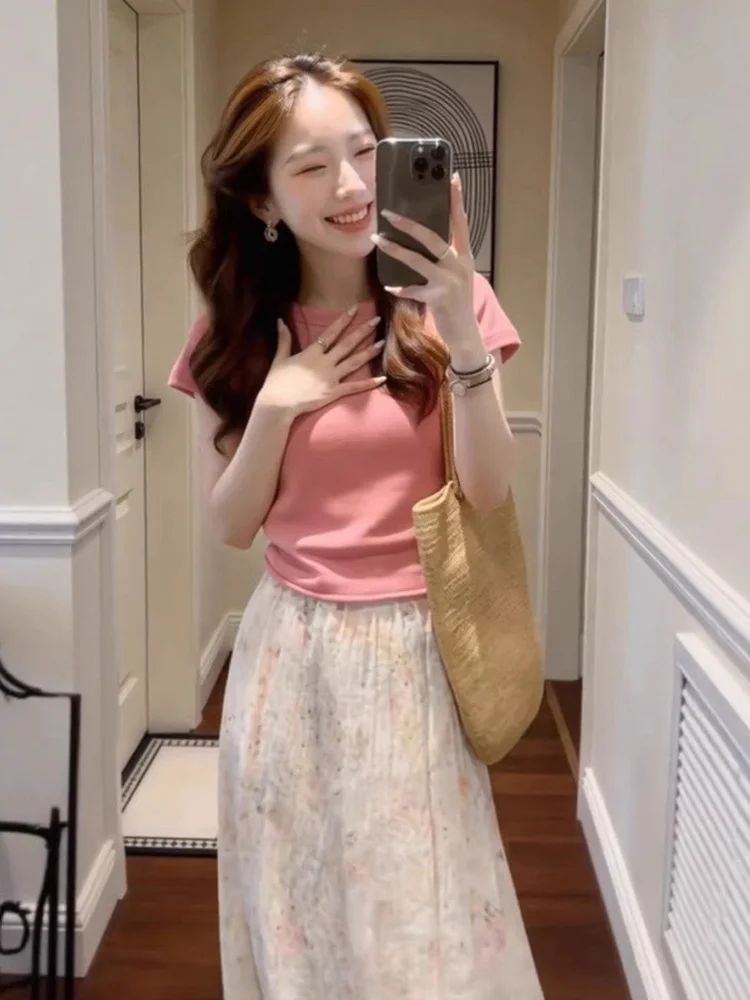 

Summer Floral Print T-Shirt Top And Half-length Skirt Set Women's Beachwear Gentle Style Breathable Short Sleeve round Neck