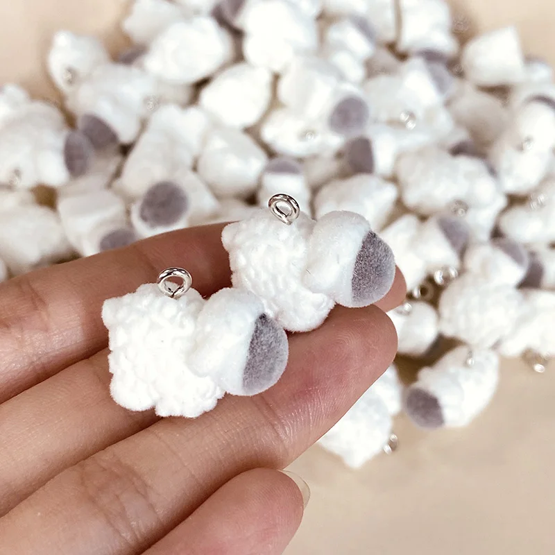 30pcs Flocked Sheep Resin Charms Bulk Wholesale Miniature Fluffy Doll Pendants For Earring Small Keychain Necklace Jewelry Charm