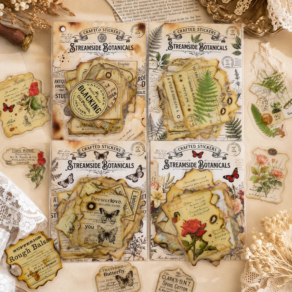 Journamm 30 Stück Vintage Blumen Botanische Schmetterlinge Aufkleber aus PET-Material für Scrapbooking Junk Journal Ästhetische Sticker