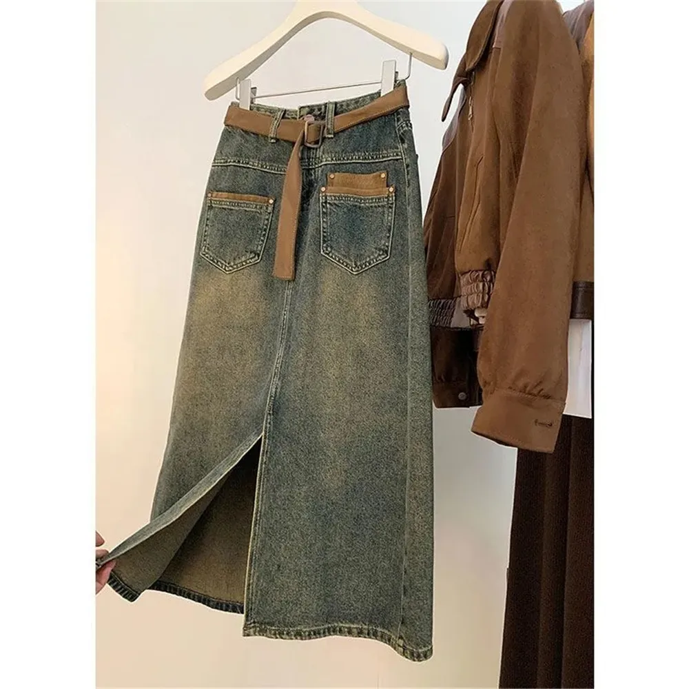 

Korean Jean Long Skirt With Belt Women Fashion With Belt High Waist Split Straight Demin Skirt All-Match Pockets Midi Faldas