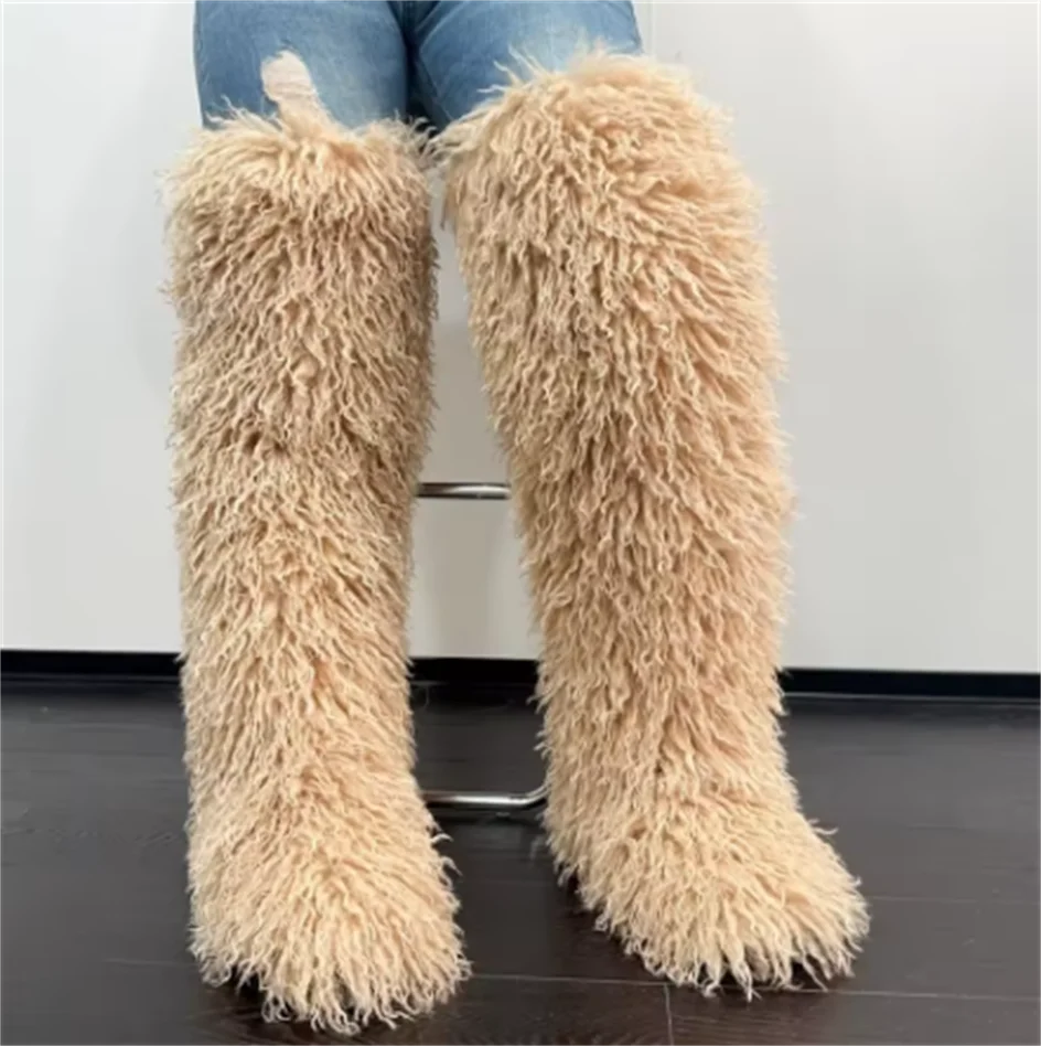 Women's Thigh High Faux Mongolian Boots High Boots Winter New Fur Snow Boots Women's Boots Leg Warm Boots Non-Slip Soles