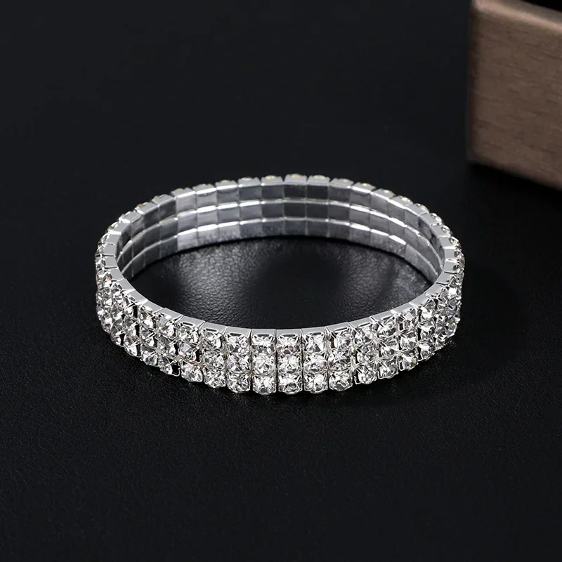 Three Row Elastic Bracelet Simple Temperament Crystal Bride Pulseira Bling Bangle for Women Men Jewelry Wedding Christmas Gift