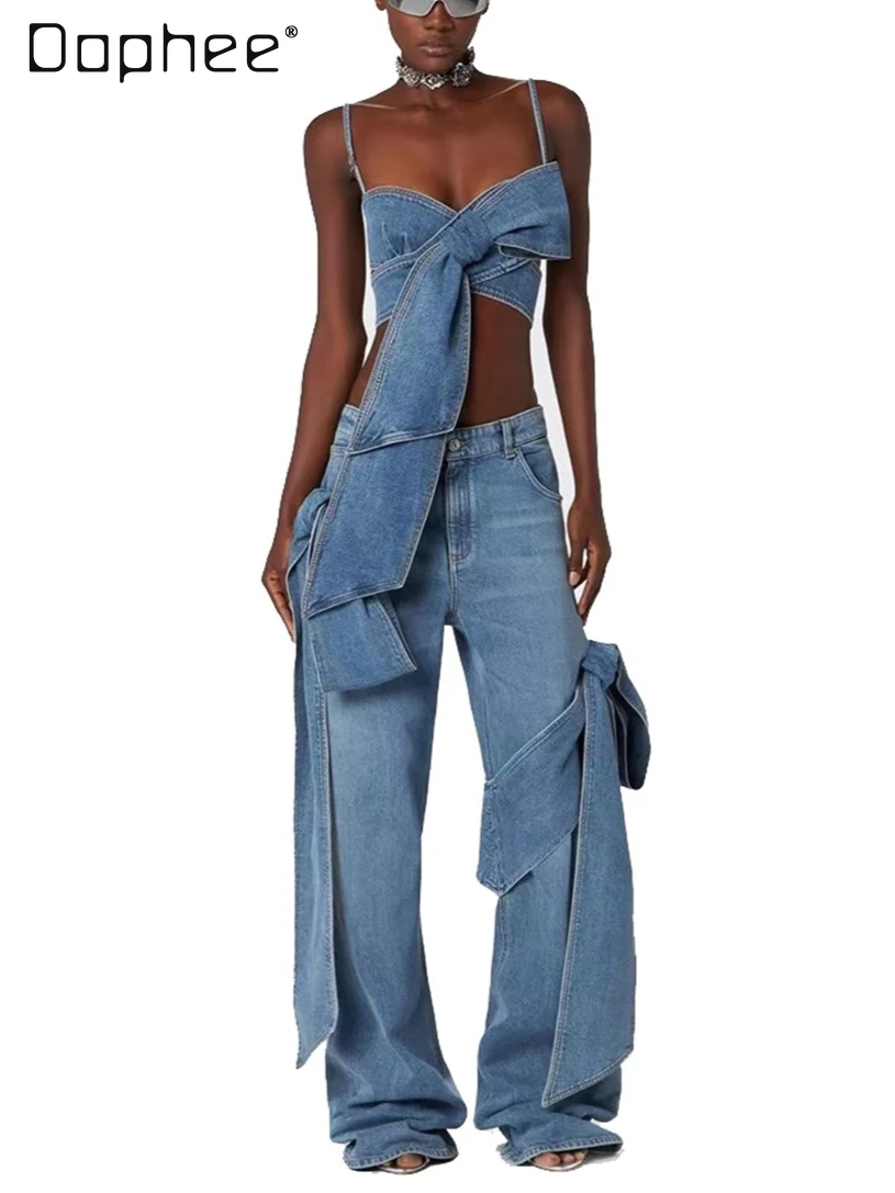 

Retro Spice Girl Personalized Three-dimensional Bow Tube Top High Waist Slim Straight Pants Two-piece Set Summer New Denim Sets