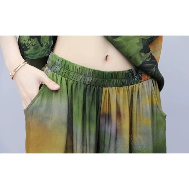 2022 New Spring Summer Two-Piece Women\'s Fashion Print Suit  Female Loose Wide-Leg Pants Lady Casual Retro Tops