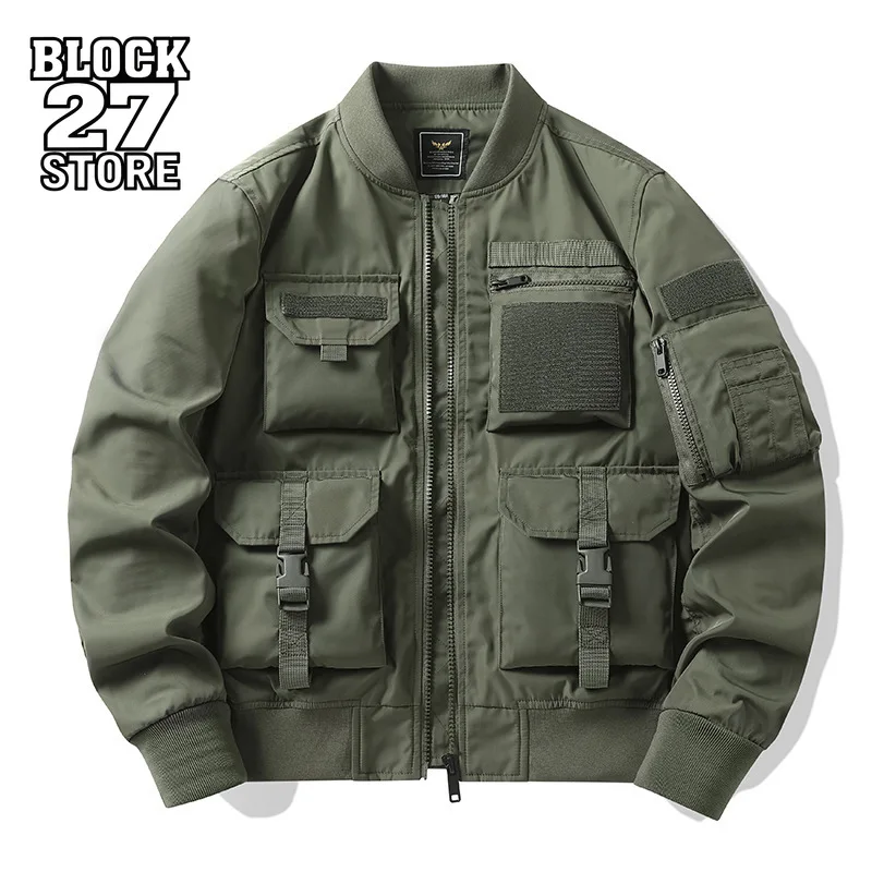 سترة رجالي عتيقة ملابس الشارع الأمريكية الرجعية البيسبول Bomber سترة البضائع جيب زمم الوقوف طوق كم طويل موضة باردة