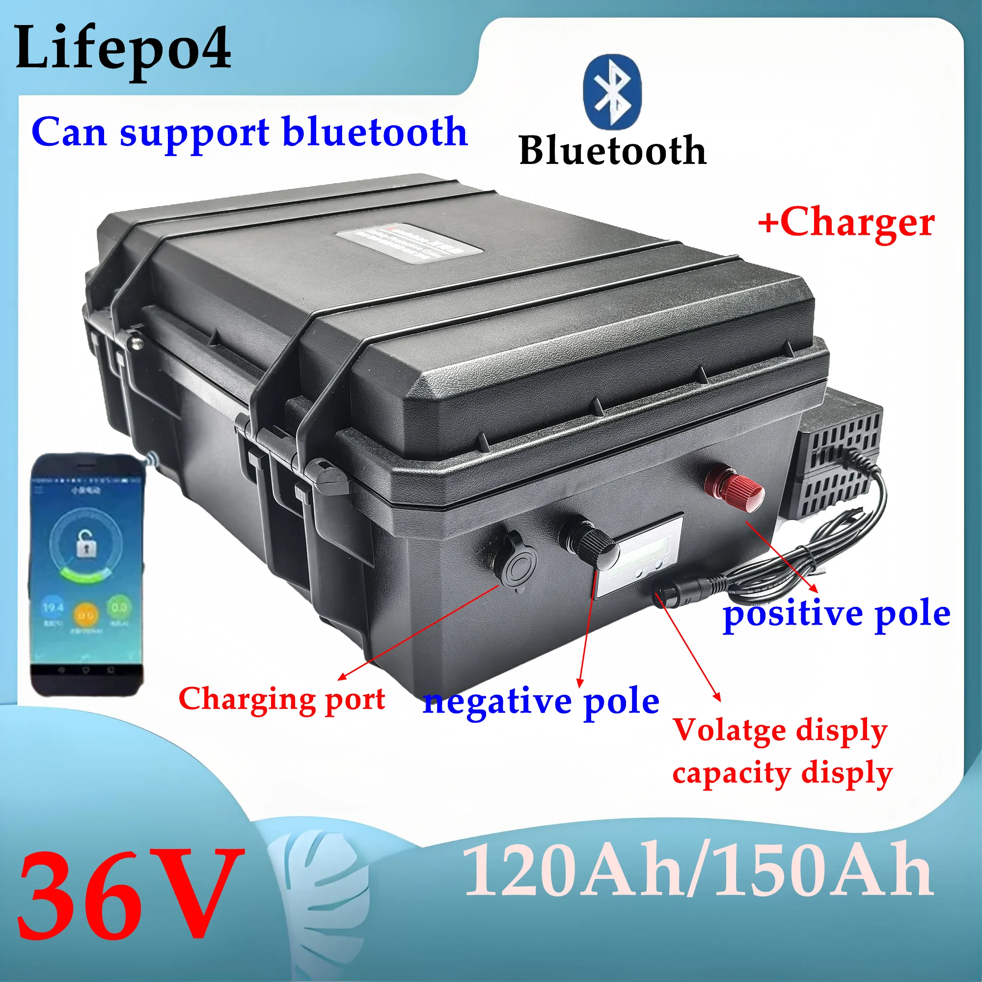 

whatproof 36V 150AH lifepo4 36v 120Ah lifepo4 lithium chargeable battery for 3000w go cart bike scooter boat +10A Charger