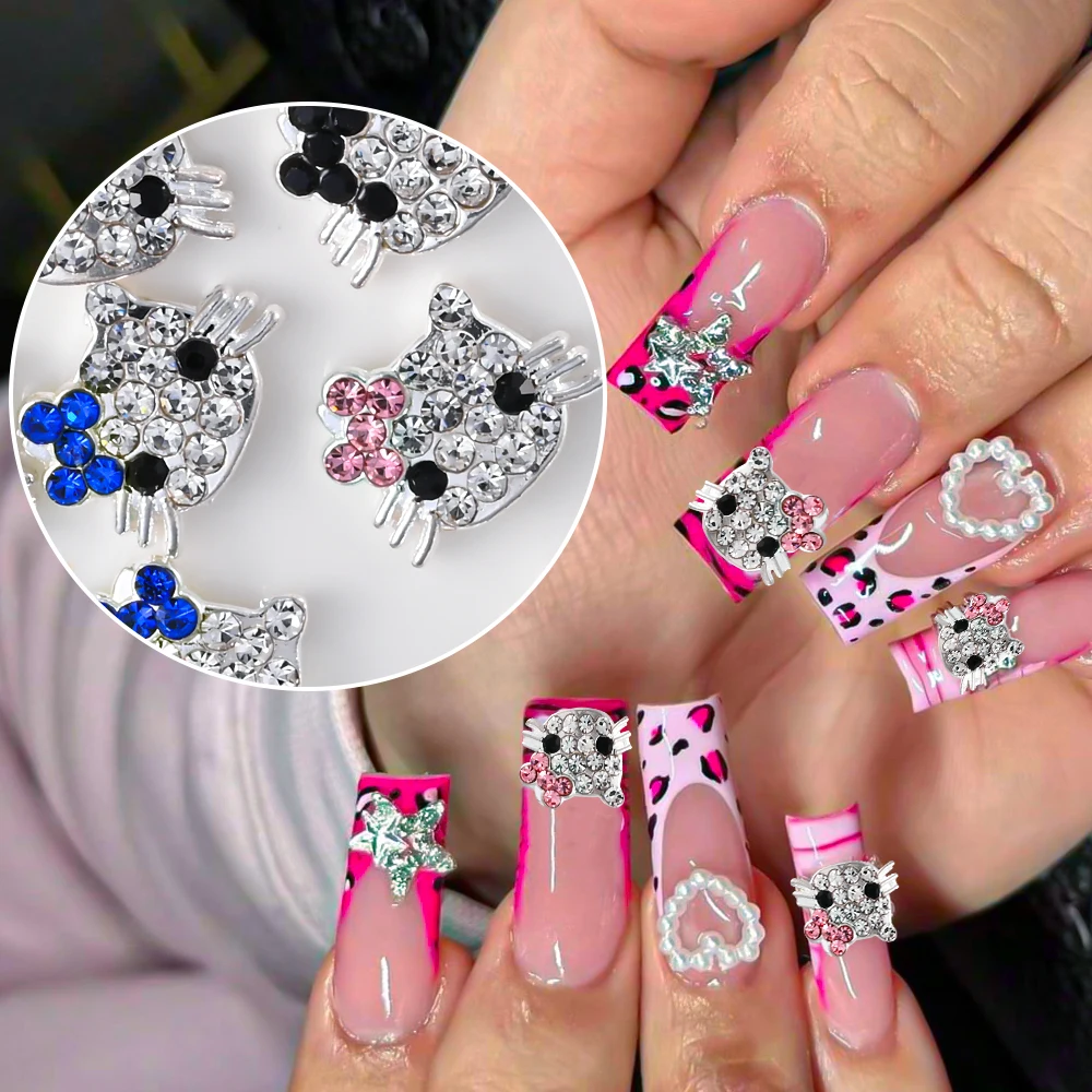 30pcs/Box Hello Kitty Nail Charms 3D Cute Cartoon HelloKitty Rhinestone Crystal Nail Accessories For Women DIY Luxury Nail Decor