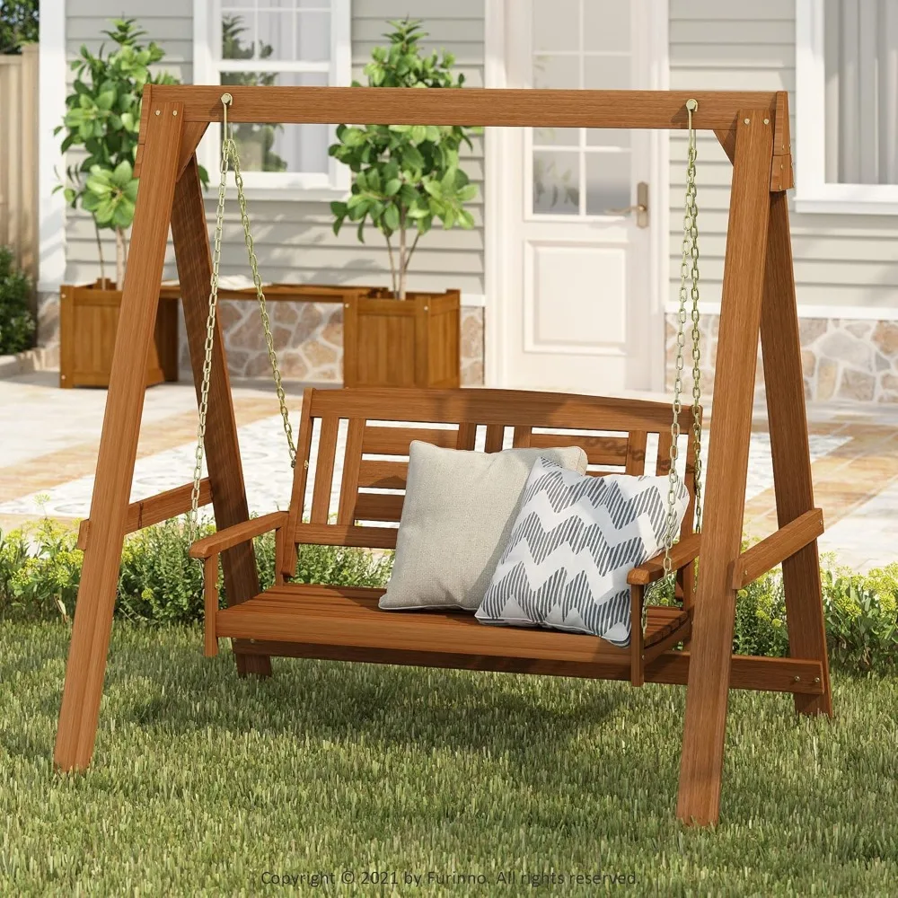 Tioman Hardwood Patio, Garden, Outdoor 4ft Porch Swing, 2 Seats with Stand, Natural Color, Weight: 350 lbs