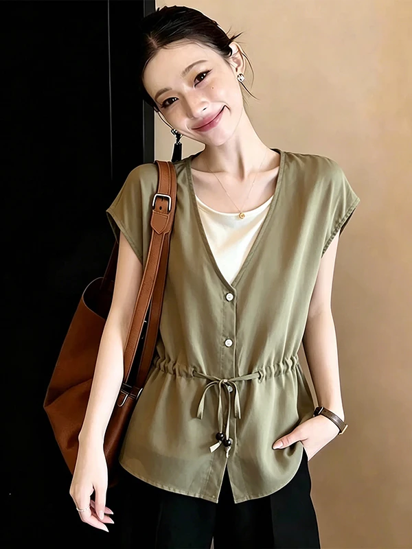 

Large Size Summer 2026 Fashion Color Block Drawstring Fake Two-Piece Shirt Women's Casual Top Simple Design Commute Style