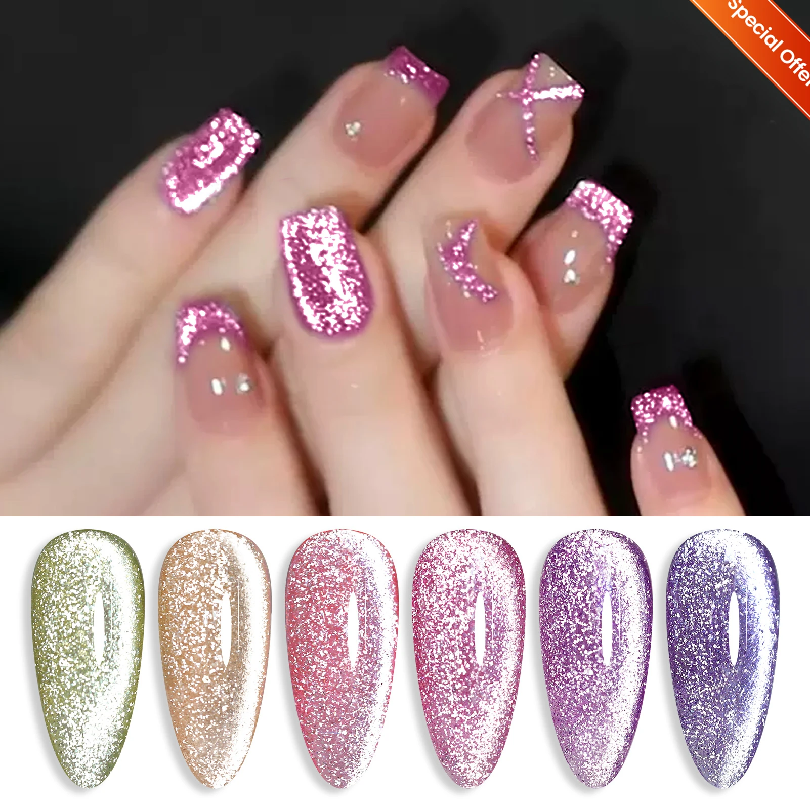 

BORN PRETTY 6 Bottles Platinum Cat Magnetic Gel Nail Polish Set Holographics Shining Glitter Soak Off UV LED Nail Art Kit Design