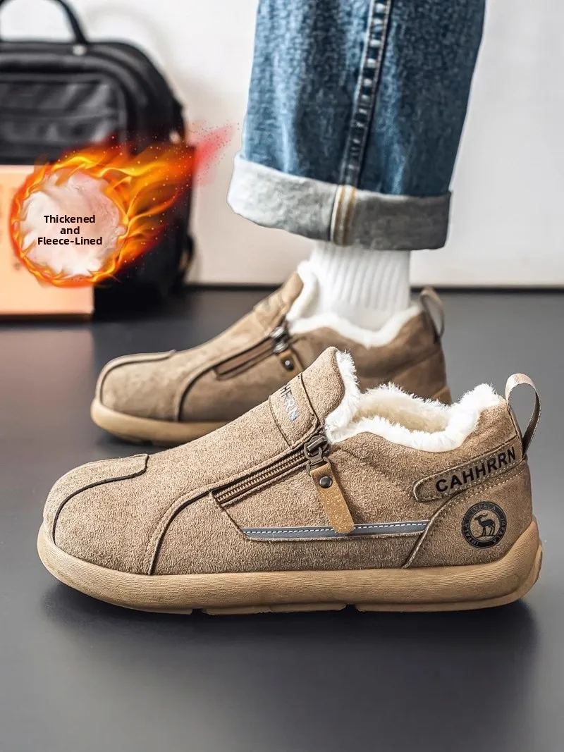 Men's Winter Fleece Lined Warm Cotton Shoes Side Zip Casual Sports Leather Fur Integrated Anti Slip Waterproof