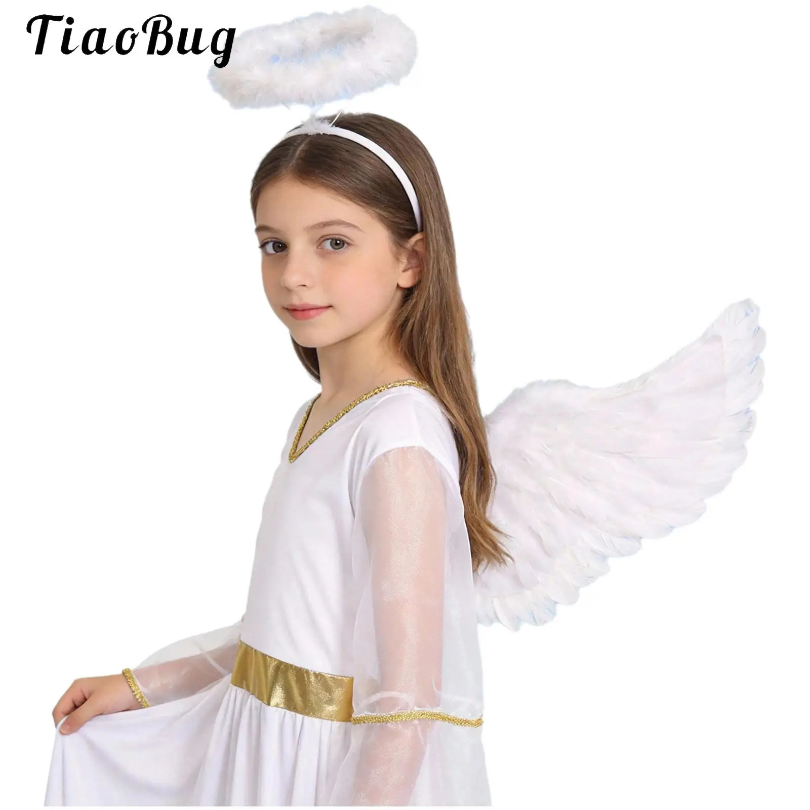 

3Pcs Kids Girls Angel Costume Long Sleeve White Angel Dress with Angel Wings Hair Hoop Set for Halloween Cosplay Party Dress Up