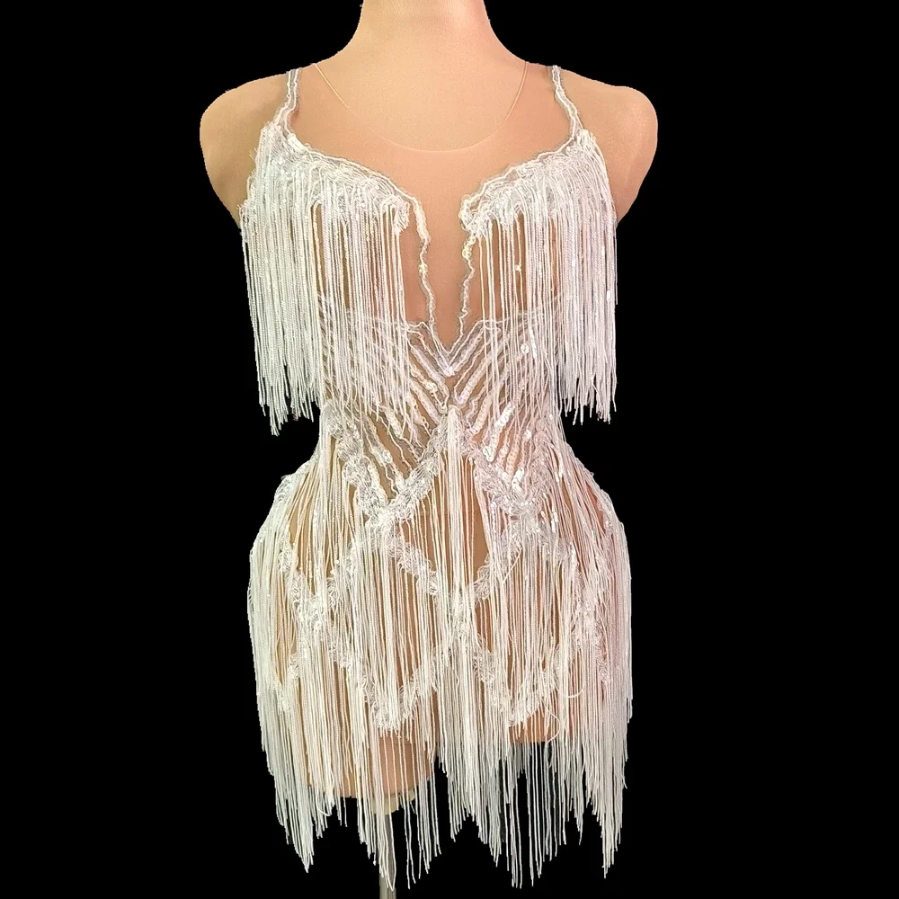 Sequins Fringes Dress Sexy Mesh See Through Tassel Dance Costume Birthday Dress Performance Show Stage Wear