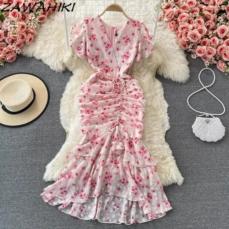 Elegante Avondjurken Voor Vrouwen Ruches Chiffon Bloemen Vestidos Mode Vintage Trekkoord Femme Gewaad Geplooide Zoete Ropa Mujer