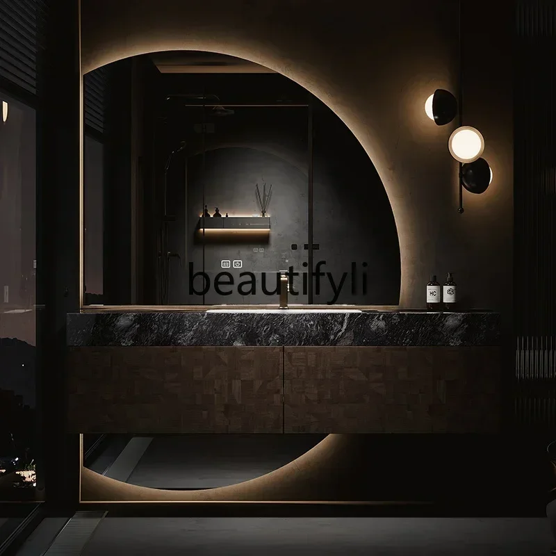 

smt14 New Arrivals Light luxury bathroom cabinet combination luxury stone seamless ceramic basin rock slab bathroom washstand ca