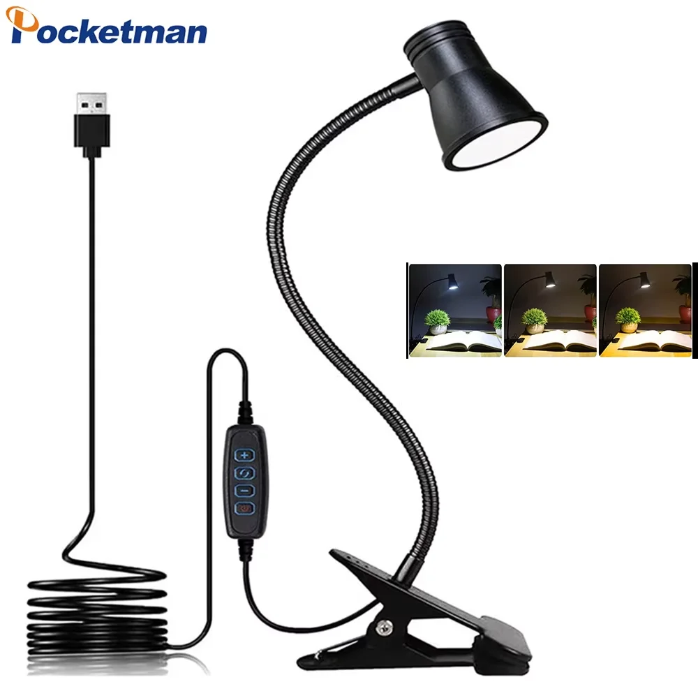 

3 Colors Dimmable Desk Lamp Night Light Bedroom Bedside USB Table Lamp LED Clip Lamp Eye-protection LED Book Light
