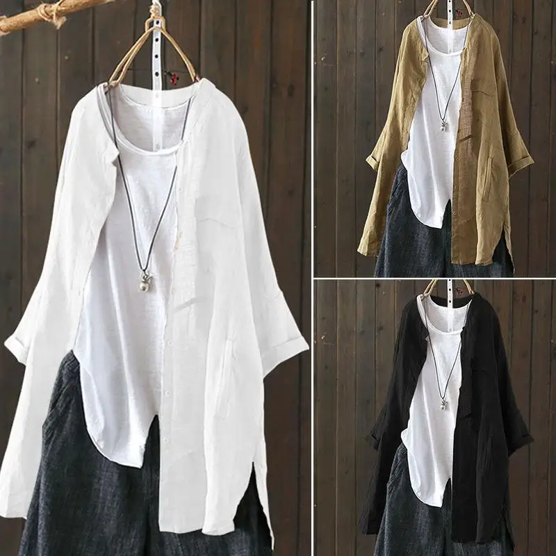

Large Size Women's Cotton Linen Blend Long Shirt Intellectual Style Pure Color Splicing Process Resistant to Deformation
