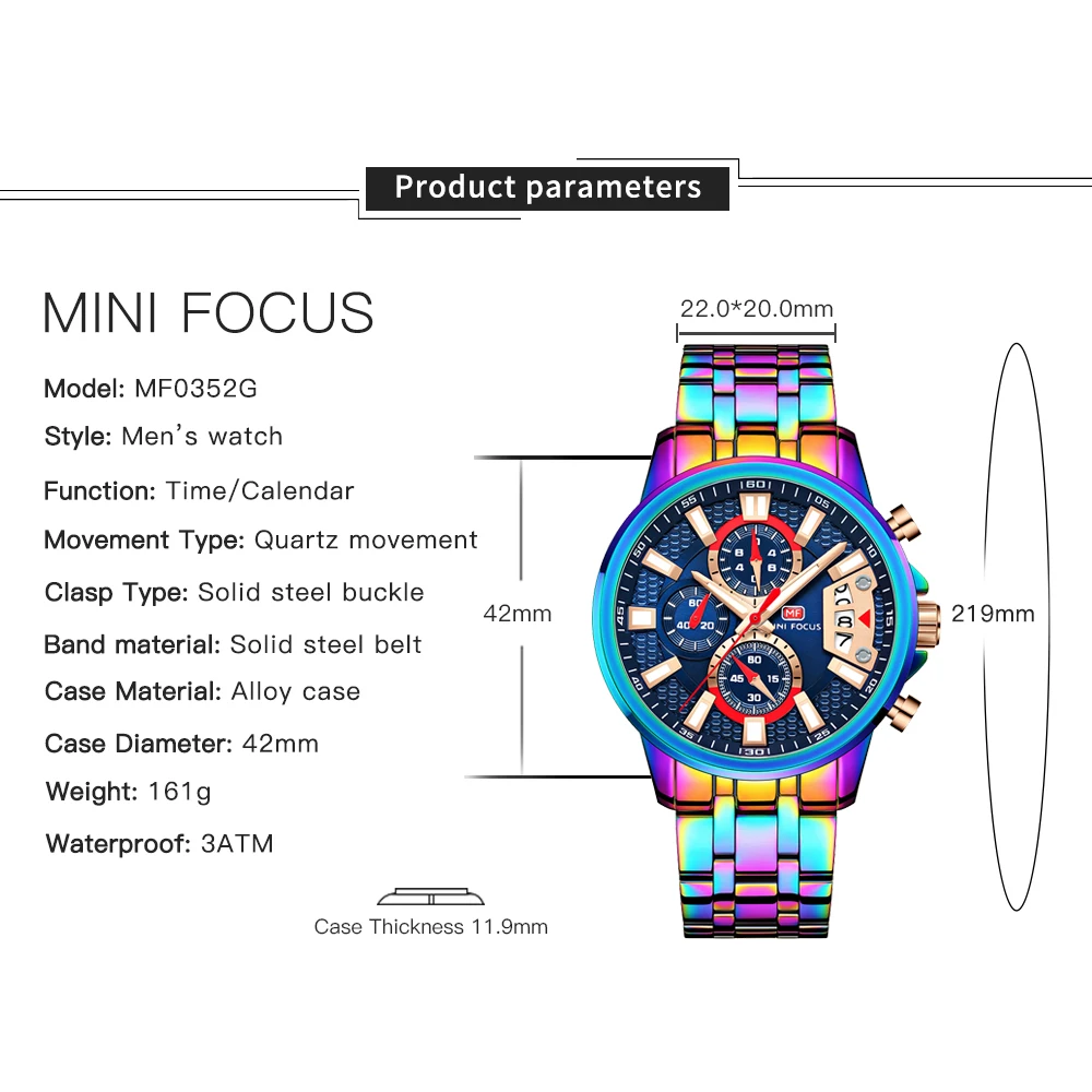 MINI FOCUS Rainbow Luxury Brand Quartz Watch for Men Multifunction Small Dials