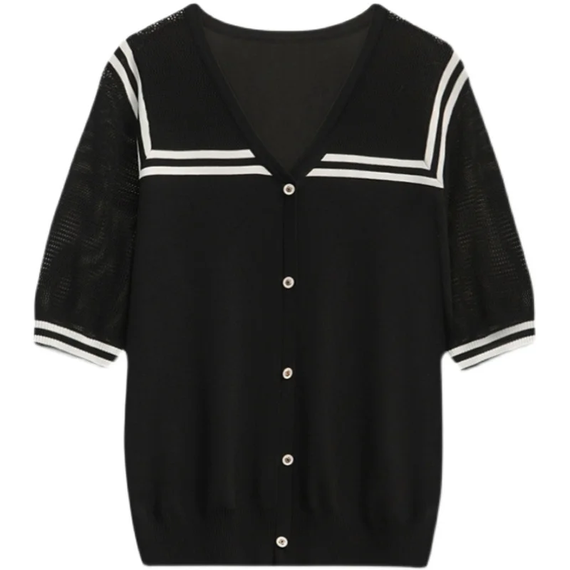4XL Oversized Summer kintting hollow out T-shirt 2023 short sleeve v neck Stripe sexy thin sweater pullover sueters de mujer