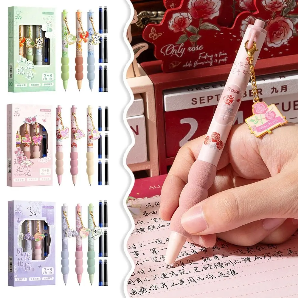 3Pcs/lot New Push-action Fountain Pen 0.38mm Tip with Pendant Pen Drawing Writing Tool Ink Sac Pens