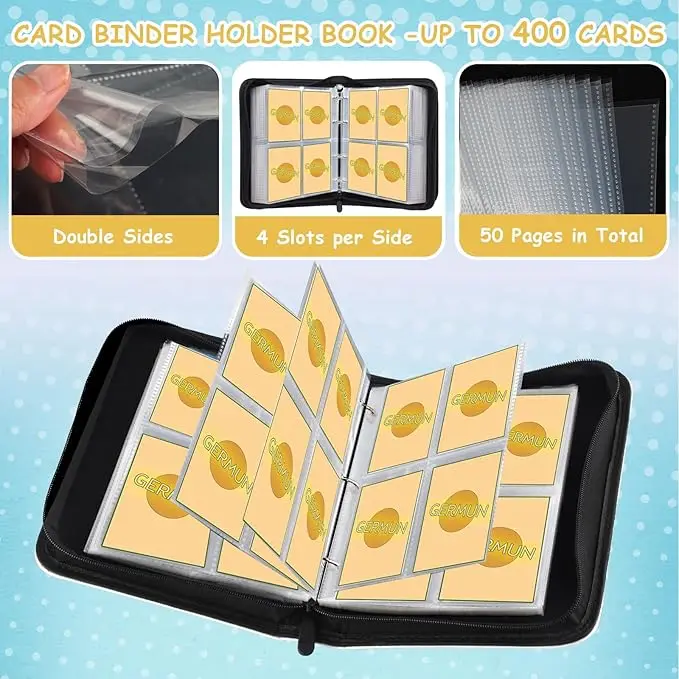 4-Pocket Card Binder (400 Cards) – Carbon Fiber PU, Black/Blue​​ Professional Storage for TCG & Gaming Cards. Collector's image 5